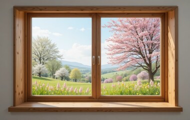 A wooden windowsill with a view of a beautiful spring landscape outside