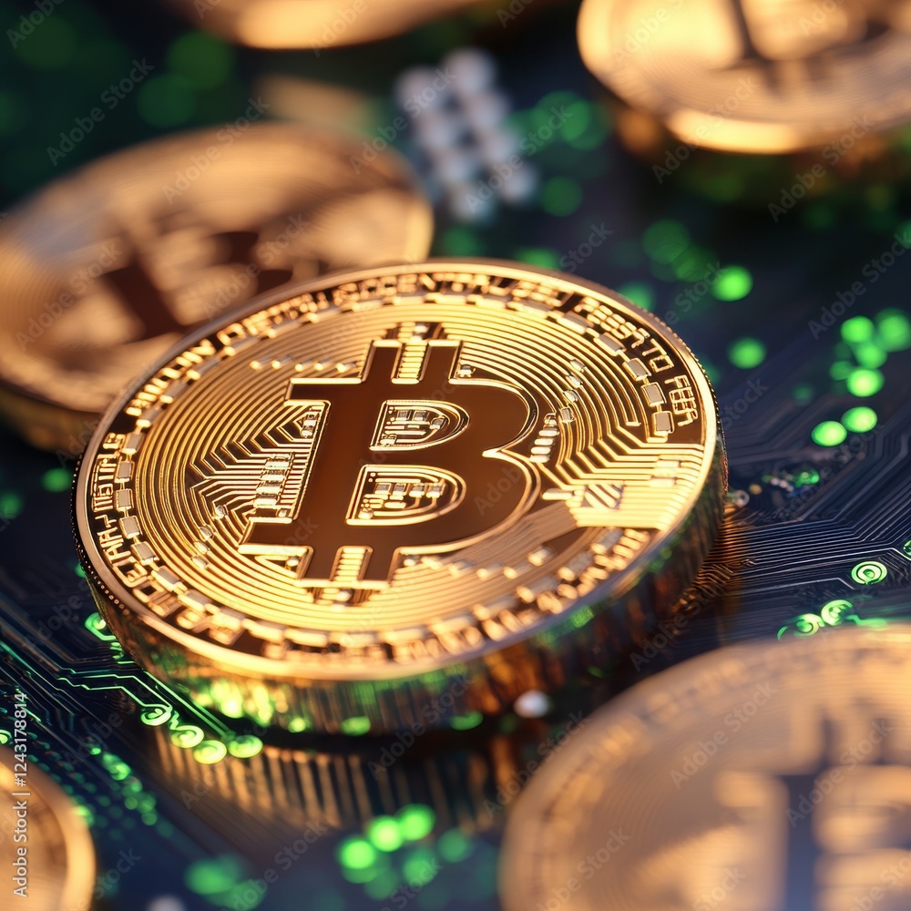 Poster close-up of shiny bitcoin coins on a circuit board, symbolizing digital currency and blockchain inno