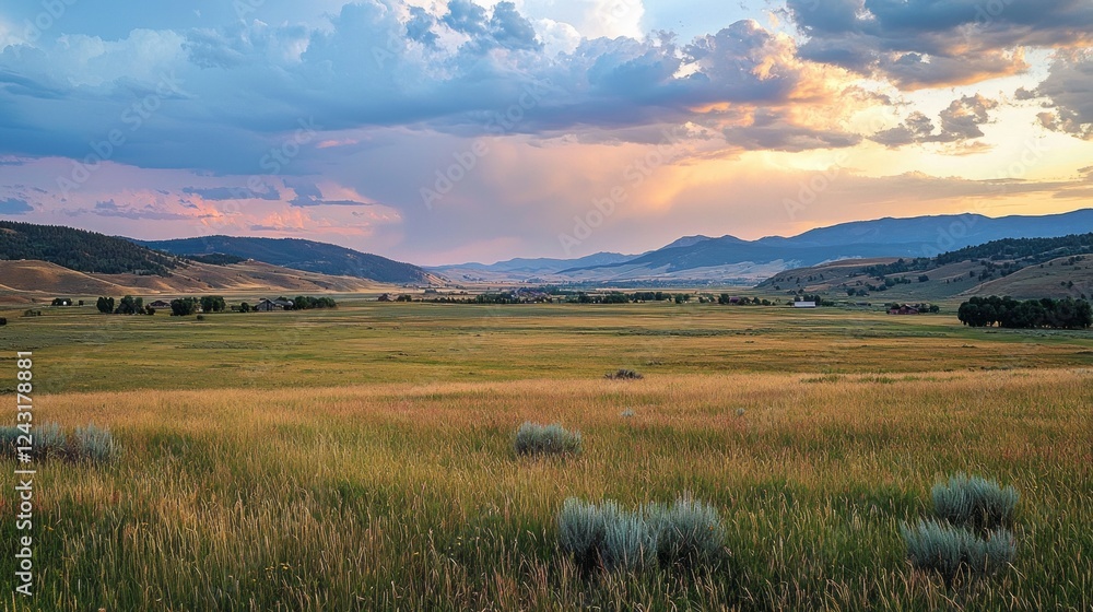 Poster golden grass undulates in a soft breeze as the setting sun casts vibrant colors across the sky. dist
