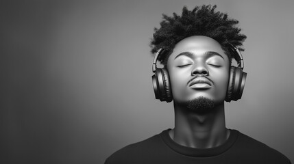 A young man with closed eyes listens to music through large headphones. His relaxed expression and the ash-colored wall with a bokeh effect create an artistic atmosphere.