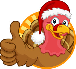 Turkey Christmas or Thanksgiving Holiday cartoon character wearing a Santa Claus hat
