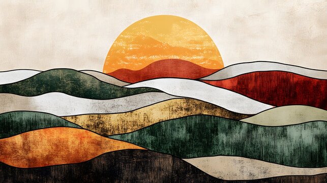 A hand-drawn illustration of the sun setting over rolling hills
