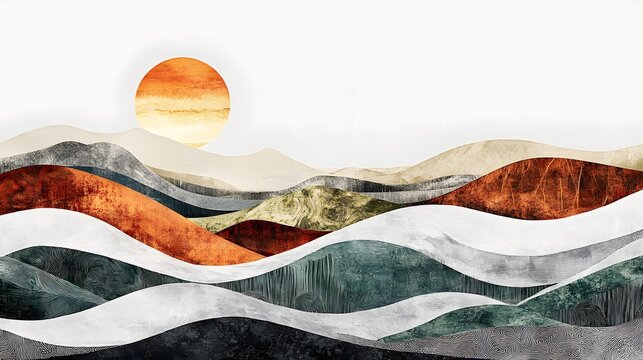 A hand-drawn illustration of the sun setting over rolling hills
