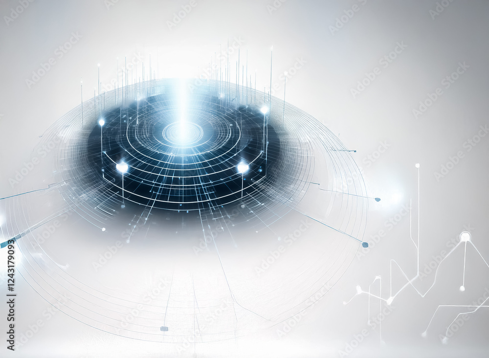 Poster futuristic abstract design featuring glowing circles and lines emanating from a central point, set a