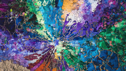 Vibrant Intricate Pattern of Blues, Purples, and Greens with Radiant Central Glow, White and Other Accents, Mosaic-Like Texture on Rough Stone Surface, Abstract Artistic Design, High-Resolution Color