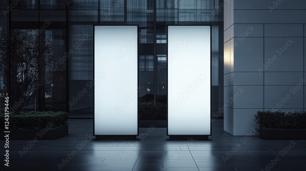 Poster mock-up design for media advertising banner stand in modern urban environment with empty display spa