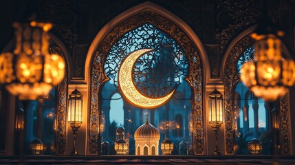 Obraz premium Celebrate Ramadan with intricate Islamic windows and arches, featuring a crescent moon, mosque dome, and lanterns.