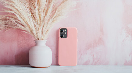 A pink phone case is placed on the table, next to it is an empty wall with a vase of pampas grass in front of it