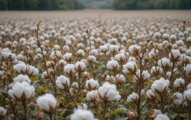 A close-up of white cotton plants growing in a field