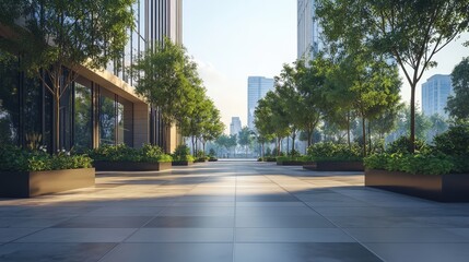 Urban Landscape with Trees, Modern Buildings, and Clear Blue Sky in Bright Daylight for Advertisement Mock-Up Design and Presentation