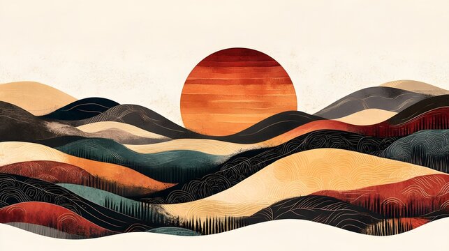 A hand-drawn illustration of the sun setting over rolling hills
