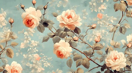 Vintage Floral Wallpaper with Pink Roses