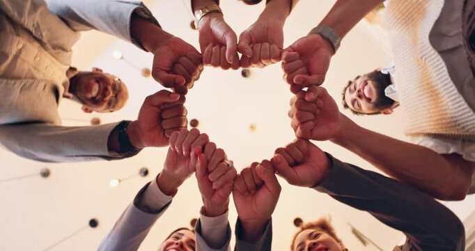 Below, business people or hands in fist bump for collaboration, support or growth with trust. Teamwork, corporate group or huddle in agency for synergy, cooperation or community with unity in circle