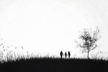 A minimalistic silhouette of a family walking together, holding hands