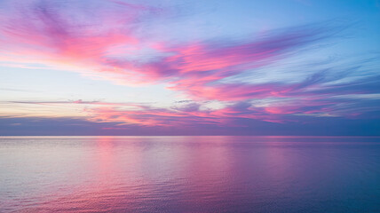 Serene Dawn Seascape with Soft Pink, Purple, and Blue Sky, Wispy Clouds, Tranquil Ocean Reflection, Gentle Waves, Clear Horizon, Peaceful Coastal Atmosphere, High-Resolution Scenic Background 