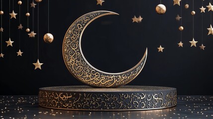 Celebrate Ramadan with this 3D podium decorated with moon and Arabic patterns. Gold glitter gives it a luxurious touch, perfect for a minimalist Eid Mubarak celebration.