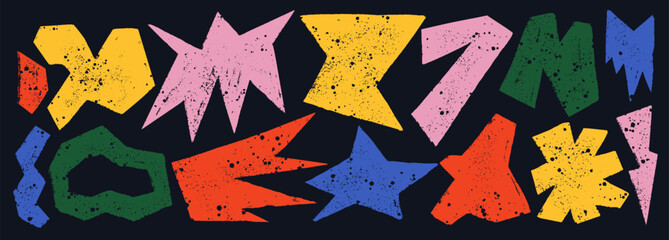 Set of hand drawn vector characters various colorful abstract angular flat vector shapes with paper cut aesthetics with a rough texture. Dirty grunge texture, banner, background.