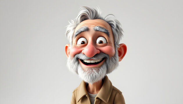 3D Cartoon Elderly Old Man with a Joyful Expression. Close-up portrait of a cartoonish elderly man with a cheerful expression