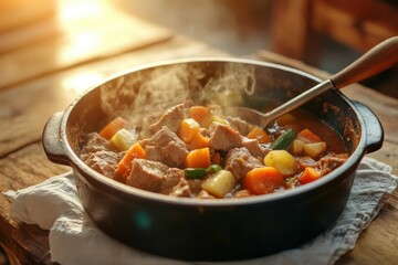 Hearty beef stew served in a rustic Dutch oven. Slow-cooked with tender meat and rich broth, this comforting dish invites warmth and true homestyle cooking.