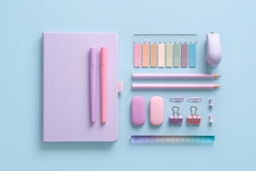 Composition of various school and office stationery in pastel pink and purple colors on a blue...