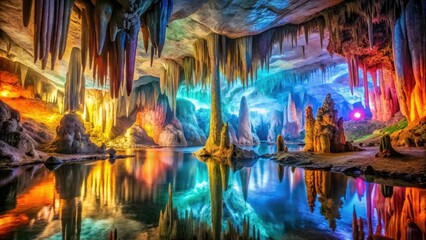 Obraz premium A subterranean world of vibrant stalactites and stalagmites reflected in a still, colorful pool