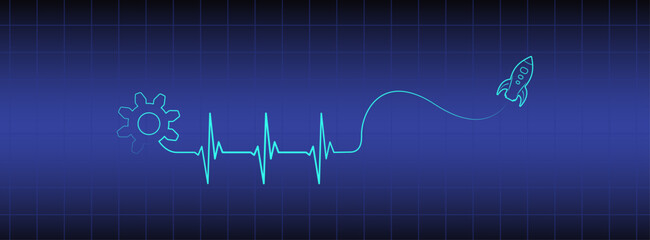 Naklejka premium Blue medical banner, editable lines heart rhythm illustration, gear, spacecraft rocket vector design to use for healthcare, business idea, healthy lifestyle, medical science concept projects. 