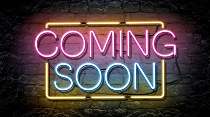 Glowing Neon 'COMING SOON' Sign in Pink-to-Blue Gradient, Bright Illuminated Text, Dark Textured Stone-Like Background, High-Contrast Vibrant Lighting, Futuristic Announcement Concept, High-Resolution