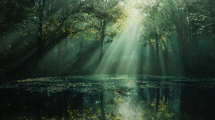 Tranquil forest setting with sunlight beams illuminating a serene water surface during the early morning hours