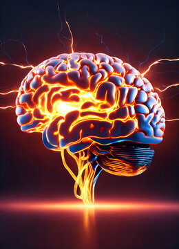 glowing brain, electrical pulses, shooting electrical arcs, photorealistic style.