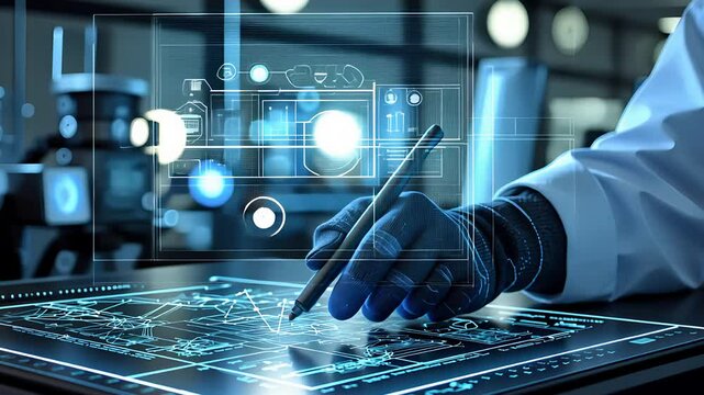 Scientist using digital stylus on futuristic touchscreen interface for advanced engineering and technology design

