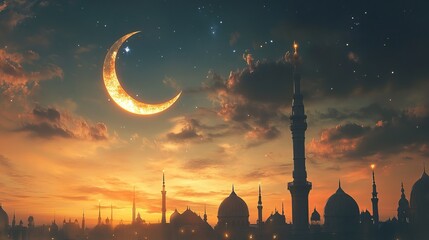 Naklejka premium Celebrate the holy month of Ramadan with this beautiful greeting card featuring a crescent moon and a warm message.