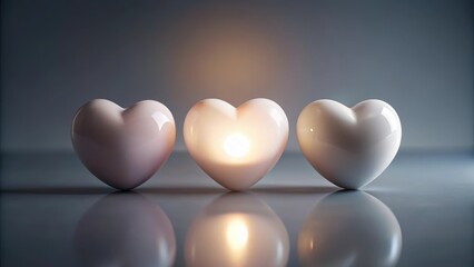 Three heart-shaped objects illuminated with soft light, symbolizing love, hope, and inner light