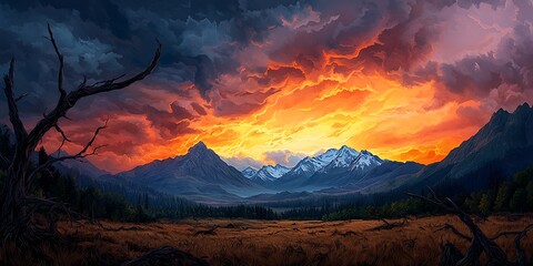 A stunning sunset over mountains with dramatic clouds and a golden glow illuminating the landscape.
