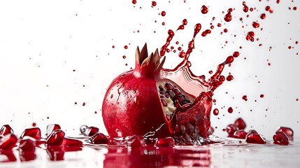 A bold splash of pomegranate juice, the vibrant color standing out against a pristine white surface.