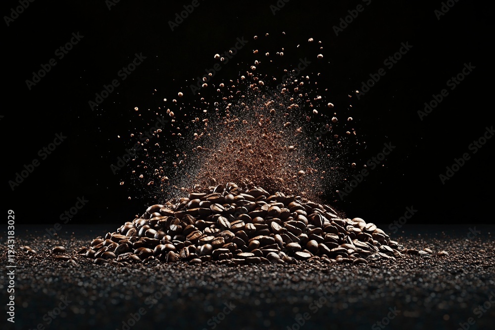 Poster photograph of a pile or splash made from coffee beans and ground on a black background, 3d rendering