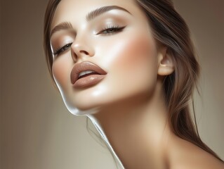 Fototapeta premium Photo of the face of a beautiful well-groomed woman with natural full lips and beautiful eyebrows and eyelashes.