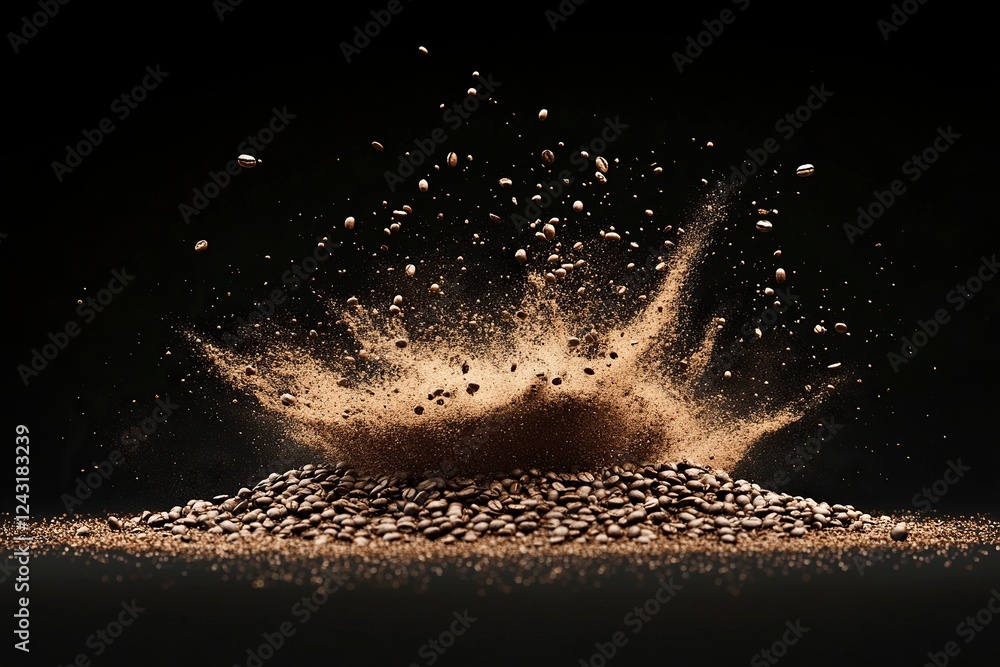 Poster photograph of a pile or splash made from coffee beans and ground on a black background, 3d rendering