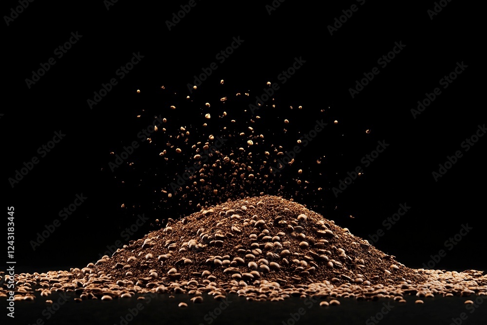 Poster photograph of a pile or splash made from coffee beans and ground on a black background, 3d rendering