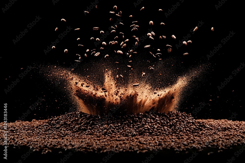 Poster photograph of a pile or splash made from coffee beans and ground on a black background, 3d rendering
