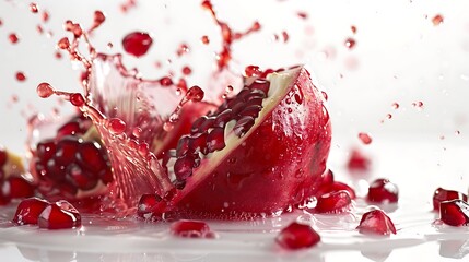 A bold splash of pomegranate juice, the vibrant color standing out against a pristine white surface.