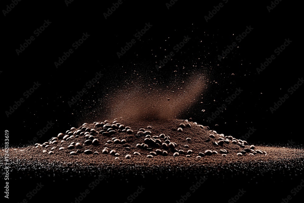 Poster photograph of a pile or splash made from coffee beans and ground on a black background, 3d rendering