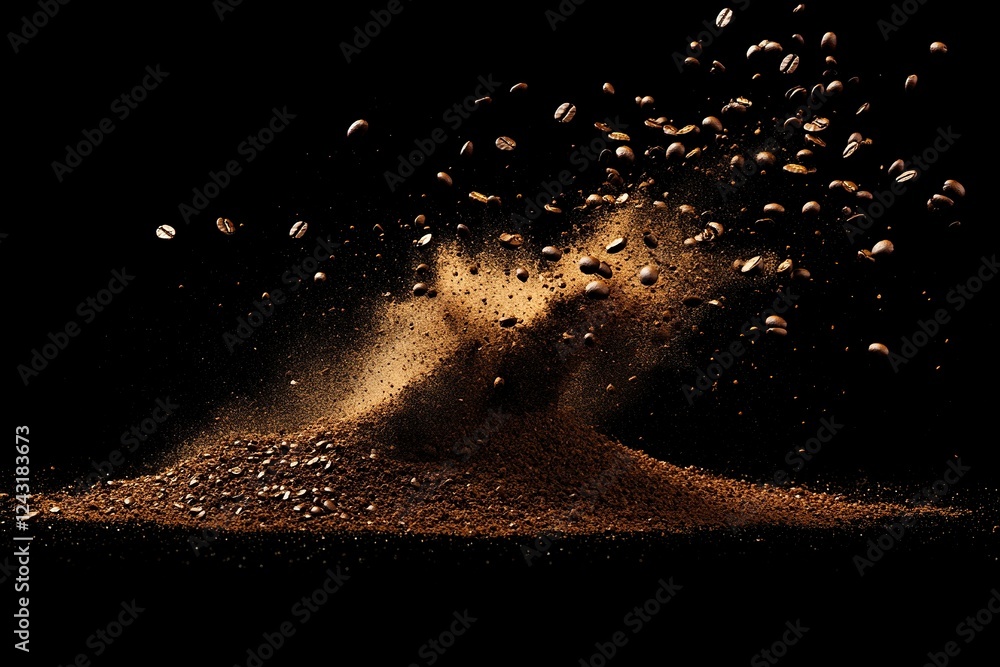 Poster photograph of a pile or splash made from coffee beans and ground on a black background, 3d rendering