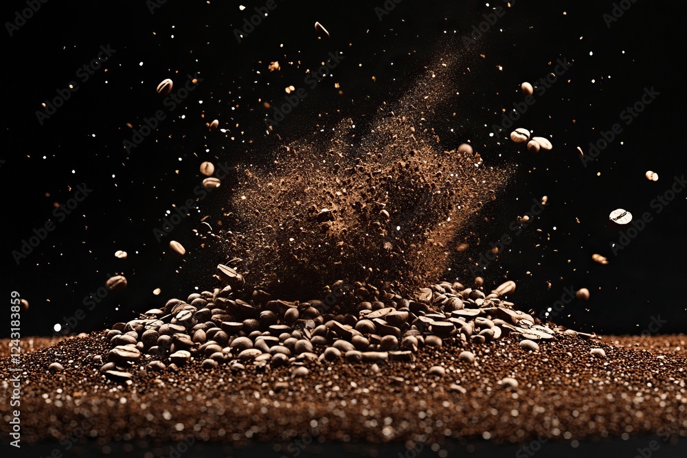 Poster photograph of a pile or splash made from coffee beans and ground on a black background, 3d rendering