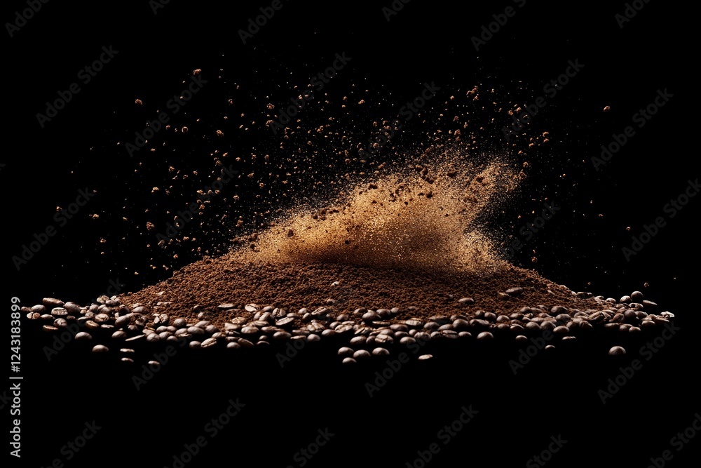 Poster photograph of a pile or splash made from coffee beans and ground on a black background, 3d rendering