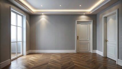 Obraz premium Elegant Empty Room with Hardwood Floors, Recessed Lighting, and Classic White Doors