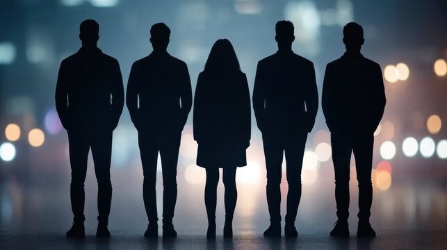Silhouettes of four men and one woman stand together against a blurred city backdrop, creating a mysterious and dramatic atmosphere.