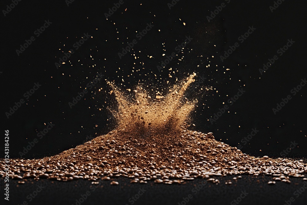 Poster photograph of a pile or splash made from coffee beans and ground on a black background, 3d rendering
