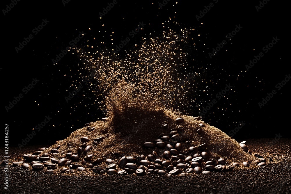 Poster photograph of a pile or splash made from coffee beans and ground on a black background, 3d rendering