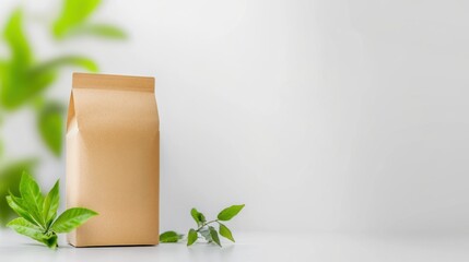 A minimalist packaging design with a brown paper bag and green leaves, conveying an eco-friendly and natural aesthetic.
