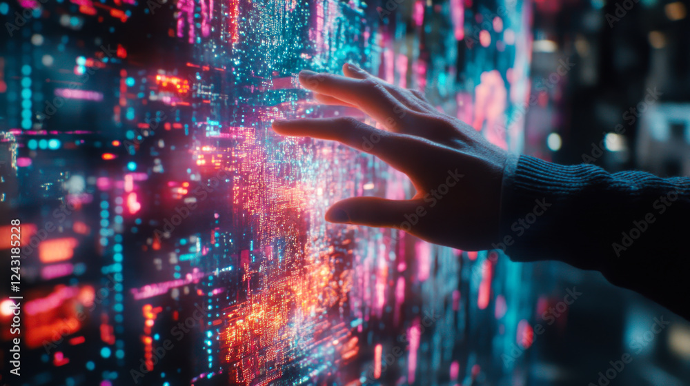 Aufkleber digital interaction with glowing data interface in a futuristic setting